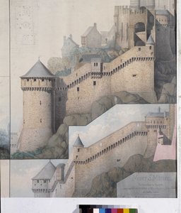 Utsikt over machicoulis mellom Nordtårnet og Claudine Tower of Mont Saint Michel. Tegning av Emile Sagot. Avranches kommunale museum (Manche)