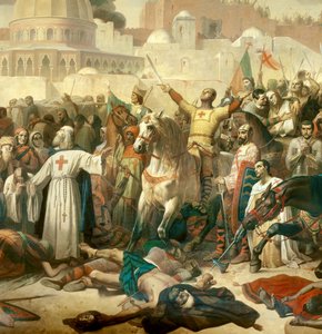 Detalj av: Første korstog: "" Erobringen av Jerusalem ved kryssingene den 15.07.1099"" Godefroy de Bouillon gir nåde til Gud i nærvær av Peter Eremitten (eller Eremitten)