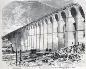 Chaumont Viaduct på jernbanen fra Paris til Mulhouse. Gravering etter skisse av Ralph i "" The Illustrous World"", 09/05/1857. Privat samling.