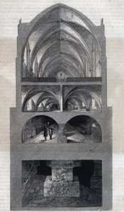 Tverrsnitt av Napoleon videregående skole i Paris (i dag, Lycee Henri IV). Fra topp til bunn: spisesalen, kjøkkenet, kjellerne, katakombene. Gravering av Therond. I "" Le Magasin Picturesque"" av Emile Theodore Therond