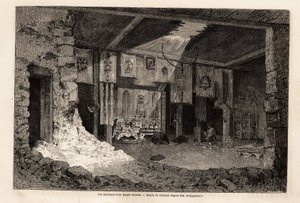 Innvendig visning av et tibetansk tempel, tegning av Therond, for å illustrere oppsummeringen av det geografiske året 1862, av Vivien de Saint Martin. Gravering i "" Le tour du monde"", redigert av Edouard Charton