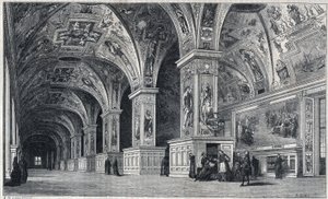 Innvendig utsikt over Vatikanets bibliotek på 1700-tallet. Gravering av Therond etter tegning av Francois Pannini.