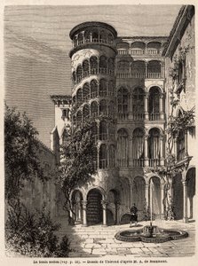 La Scala Antica, tegning av Therond, for å illustrere Adalbert de Beaumonts reise til Venezia, rundt 1850. Gravering i “” Le tour du monde””, redigert av Edouard Charton