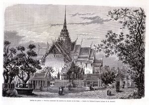 Slottshage. Paviljong som inneholder asken til den siste kongen av Siam. Tegning av Thérond fra M. Mouhots album. “Tour du monde”