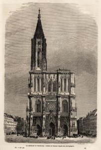 Fasaden til katedralen i Strasbourg, tegning av Therond, for å illustrere Victor Duruys reise fra Paris til Bucuresti i 1860. Gravering i “” Le tour du monde”” 1861. Selvas samling.