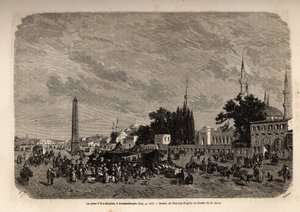 Plassen i Ett Meydan, Konstantinopel (dagens Istamboul, Tyrkia), tegning av Therond, for å illustrere studien om tyrkiske kvinner, fra 1862, av F.Jerusalemy. Gravering i "" Le tour du monde"", redigert av Edouard Charton