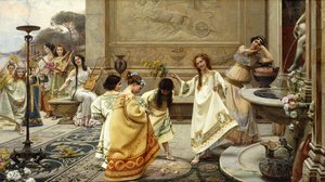 Fontinales: Feast of the Fountains; Fontinales: Fete des Fontaines (olje på lerret med tre horisontale paneler, ett signert, satt i t) av Emilio Vasari
