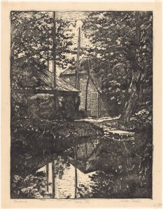 Gård og høyfjøs på vannet av Emilius Wilhelmus Dehé (signed by artist)