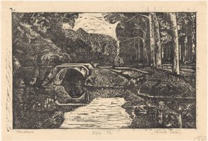 Bro over en kanal i en skog av Emilius Wilhelmus Dehé (signed by artist)