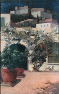 Italian Hilltop Town by Night (olje på panel)