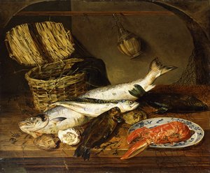 En laks, en makrell, en hummer på en tallerken, en flettet kurv, østers, en Chianti-flaske og et fiskernett på et trebord, 1854