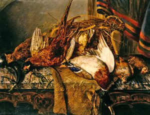 Stilleben med fasaner på et marmorbord, ca. 1850 (olje på lerret)