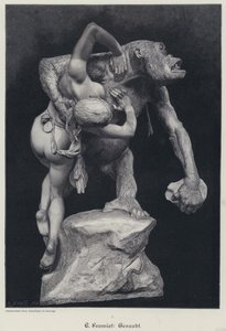 Gorilla bærer av en kvinne (gravering) av Emmanuel (after) Fremiet