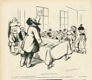 Illustrasjon av Emmanuel Barcet (1870-1940) i Le Rire, 09/05/08 - Kommunevalg - Valg, Politisk møte, møte, valgmøte, kommunevalg