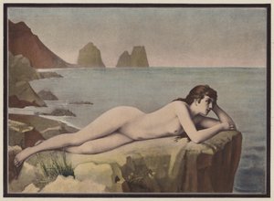 Delerium, kvinne som ligger på en klippetopp (farge litho) av Emmanuel Benner