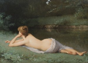 Liggende naken på en elvebredd (olje på lerret)