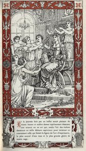 Ballett i slottet i Fontainebleau hvor damene ved hoffet til kong Henry II (1519 - 1559) hver representerer en vitenskap eller kunst. Gravering av 1914 av Emmanuel Blanche (1880-1946).DR Privat samling. av Emmanuel Blanche