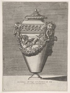 Antikk urne med lokk dekorert med et motiv av diamantringer og løver, fra vaser ..., 1543 eller senere. av Enea Vico