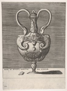 Antik vase med lokk med to håndtak som dukker opp fra Heads of Hybrid Female Sph..., 1543 eller senere. av Enea Vico