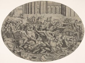 Kamp mellom amasoner og menn foran arkitektoniske arkader, en oval komposisjon med..., 1543. av Enea Vico