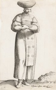 Kostymeplate: Hispania Rustica mul. med etikett på bakken, ca. 1557-58. av Enea Vico
