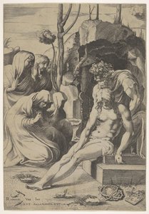 Kristi gravleggelse, hvis bryst er grepet av Josef av Arimathea, med to knelende og..., 1543. av Enea Vico