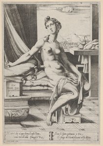 Lucretia naken og sittende foran et vindu, en dolk i høyre hånd og holder d..., ca. 1535-67.