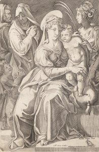Den hellige familie med St. Anne og St. Catherine, 1542, utgitt 1627-50. av Enea Vico