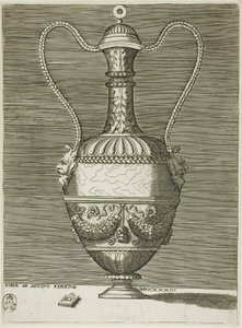 Vase med to groteske masker, plate seks fra A Series of Vases Drawn After the Antique av Enea Vico