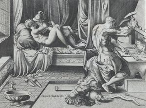 Venus og Mars omfavner som Vulcan Works at His Forge, 1543.
