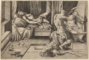 Venus ligger tilbakelent med Vulcan i smia hans av Enea Vico after Parmigianino