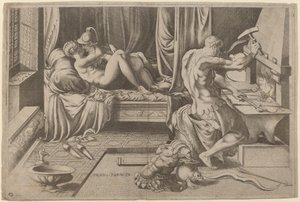 Venus og Mars omfavner Vulcan i smia hans av Enea Vico after Parmigianino