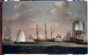 Ostindiamannen 't Slot ter Hooge' og annen frakt i rask bris utenfor en nederlandsk havn, muligens Flushing