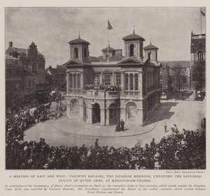 Et møte mellom øst og vest, Viscount Hayashi, den japanske ministeren, avduket den restaurerte statuen av dronning Anne, i Kingston-on-Thames, 3. mai 1902 av English Photographer