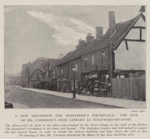 En ny nabo for Shaksperes fødested, stedet for Mr Carnegies Free Library i Stratford-on-Avon av English Photographer