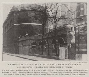 Overnatting for reisende med Early Workmens-tog, All Hallows Shelter for Men, London Wall av English Photographer