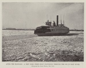 Etter snøstormen, en New York ferge-båt som pløyer gjennom isen i East River av English Photographer