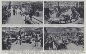 Montering, hvordan arbeidsdeling spiller sine mange roller i produksjonen av Morris Motor Cars (s/hv-bilde) av English Photographer