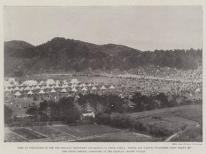 Leir ved Wellington i New Zealands kontingent for tjeneste i Sør-Afrika, tropper og besøkende frivillige korps utarbeidet for gudstjeneste, ledet av kapellanen, biskop Wallis av English Photographer