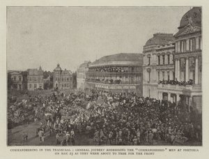 General Joubert som kommandant i Transvaal talte til de befalede mennene i Pretoria 23. mai da de var i ferd med å trekke for fronten. av English Photographer