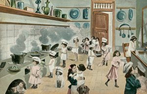 Jenter som lager mat på kjøkkenet (fargebilde) av English Photographer