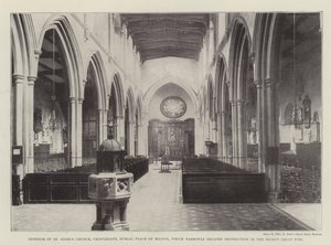 Interiøret i St Giles Church, Cripplegate, Burial-Place of Milton, som så vidt slapp unna ødeleggelsen i den nylige store brannen av English Photographer