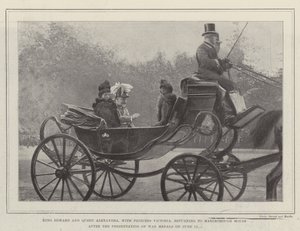 Kong Edward og dronning Alexandra, med prinsesse Victoria, returnerte til Marlborough House etter utdelingen av krigsmedaljer 12. juni av English Photographer