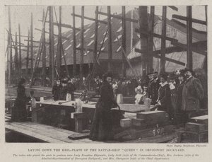 Legger ned kjølplaten til Battle-Ship Queen i Devonport Dockyard av English Photographer