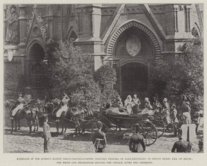 Ekteskap med dronningens eldste oldebarn, prinsesse Feodora av Saxe-Meiningen, med prins Henry XXX av Reuss, bruden og brudgommen som forlot kirken etter seremonien av English Photographer
