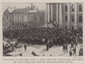Fredsdag i Adelaide, 2. juni, kunngjør Lord Tennyson vilkårene for fred fra trappene til parlamentshuset av English Photographer