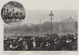 Presentasjon av farger til den tredje skotske garde av kong Edward VII på Horse Guards Parade 24. mai av English Photographer
