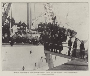 Return of Troops fra Indian Frontier Campaign, landing fra Steam-Ship Nubia ved Southampton av English Photographer