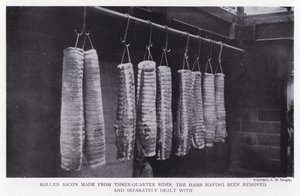 Rullet bacon laget av trekvart sider, skinkene er fjernet og behandlet separat (s/hvitt-bilde) av English Photographer