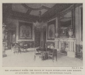 Leiligheten hvor prinsen av Wales underholdt Lord Roberts ved lunsjen, spisesalen, Buckingham Palace av English Photographer
